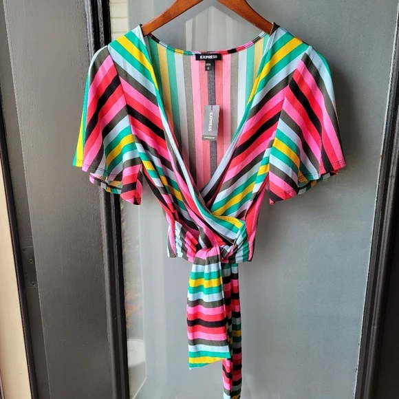 Express Spring Colorful Striped Blouse W/Strap Size S/P Short Sleeve V Neck NWT - Picture 2 of 10